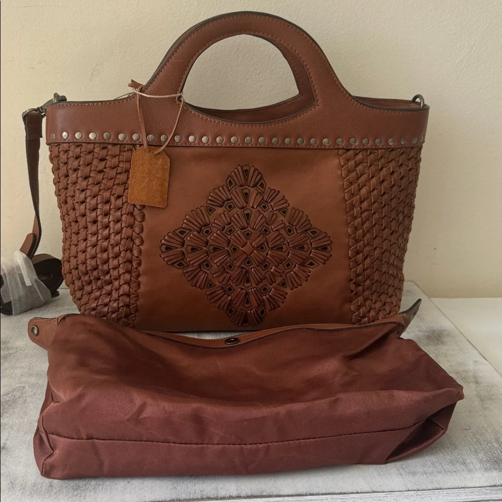 Made in India Woven Brown Leather Med Handbag Crossbody Metal Studs Unique